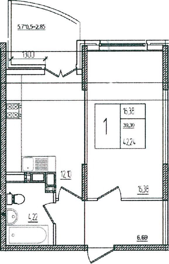 1-комн., 39.39 м², 7/16 этаж, ЖК «Хорошая Погода»
