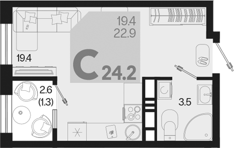 Студия, 22.9 м², 8/18 этаж, ЖК «Первое место»