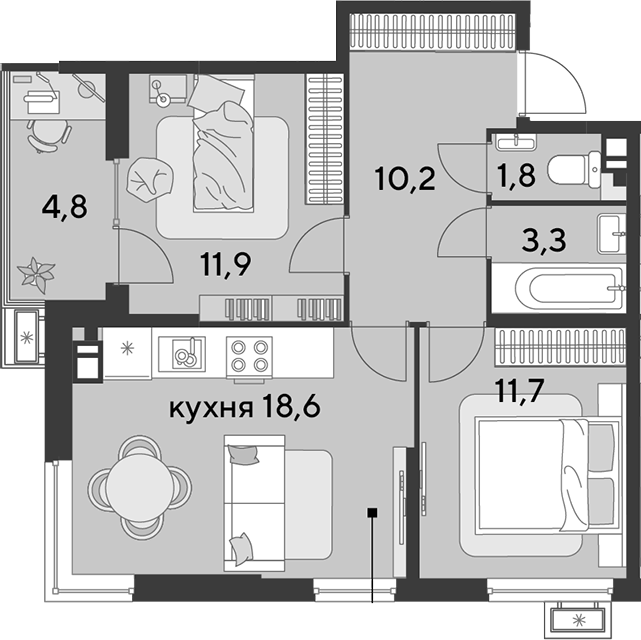 3-комн., 57.5 м², 7/9 этаж, ЖК «Парк Победы»