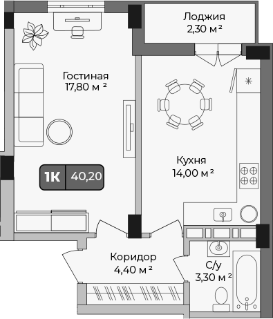 1-комн., 39.05 м², 1/9 этаж, ЖК «Опера»