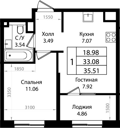 2-комн., 33.08 м², 6/9 этаж, ЖК «Патрики»
