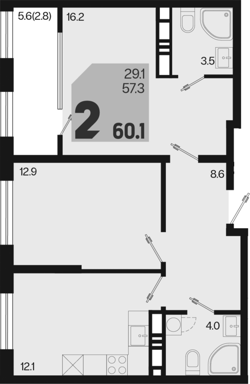 2-комн., 57.3 м², 18/18 этаж, ЖК «Первое место»