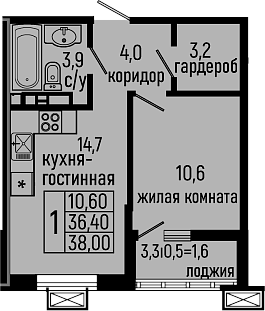 1-комн., 36.4 м², 3/11 этаж, ЖК «Звезды»