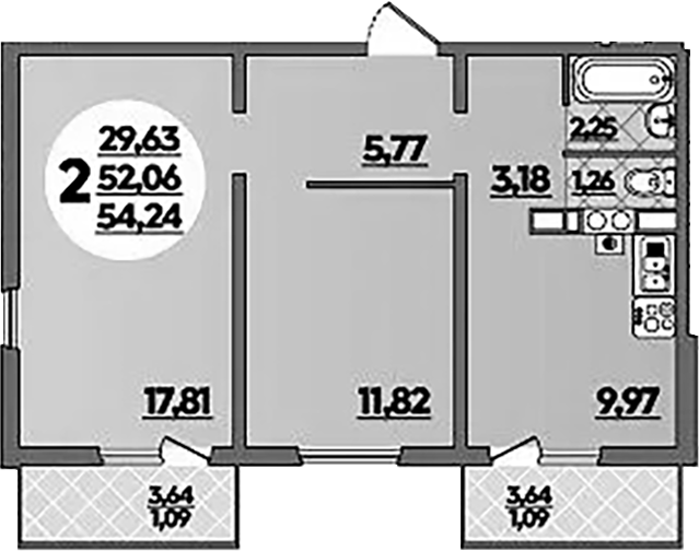 2-комн., 52.06 м², 1/5 этаж, ЖК «Тихорецк»