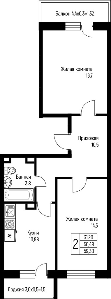2-комн., 56.48 м², 2/3 этаж, ЖК «Nova Vita»