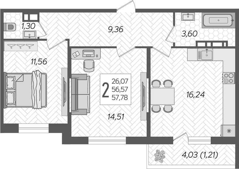2-комн., 56.57 м², 4/12 этаж, ЖК «Смородина»