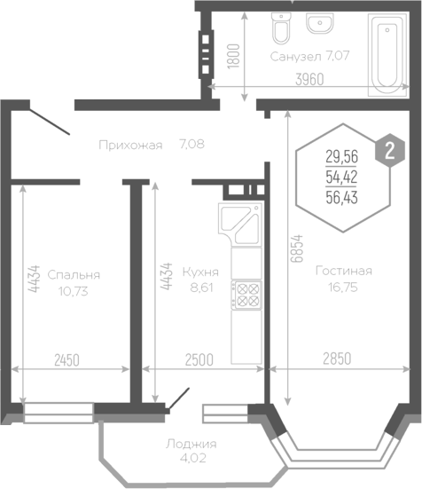 2-комн., 51.89 м², 17/19 этаж, ЖК «Черкасская»