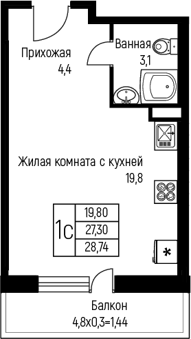 Студия, 27.3 м², 1/3 этаж, ЖК «Nova Vita»