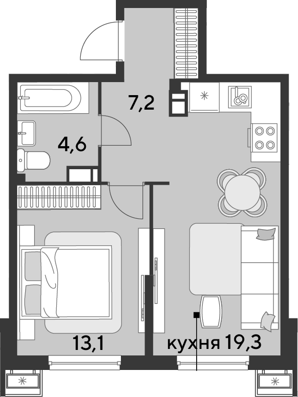 2-комн., 44.2 м², 3/18 этаж, ЖК «Парк Победы»