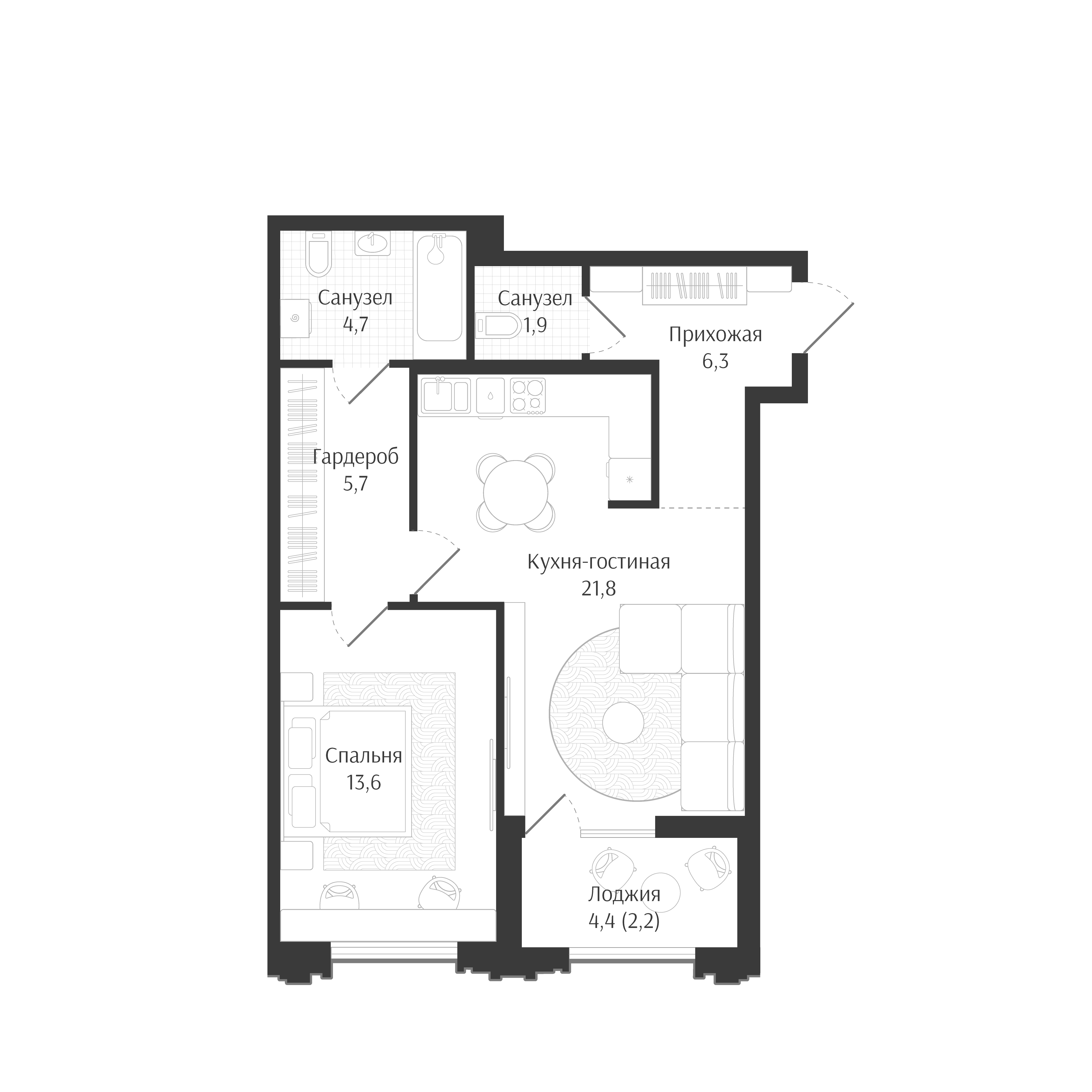 2-комн., 54 м², 2/7 этаж, ЖК «Брют Резиденс»
