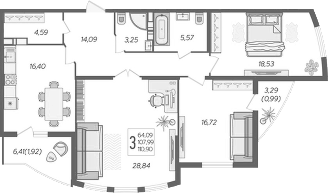 3-комн., 105.09 м², 3/20 этаж, ЖК «Альфа. АСК»