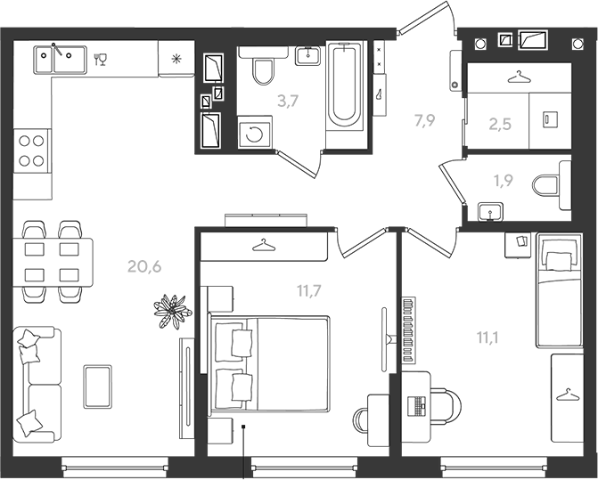 2-комн., 59.4 м², 4/9 этаж, ЖК «Самолет»