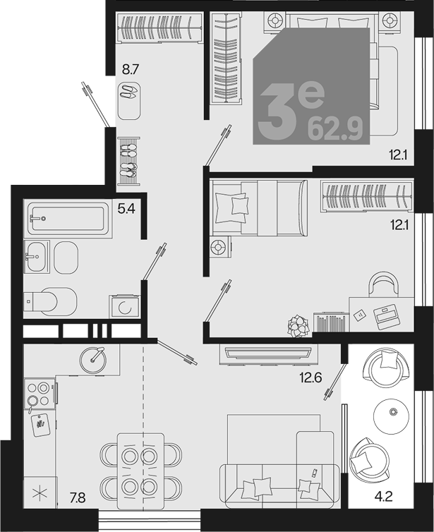 3-комн., 58.7 м², 9/18 этаж, ЖК «Первое место»