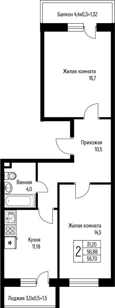 2-комн., 56.88 м², 1/3 этаж, ЖК «Nova Vita»