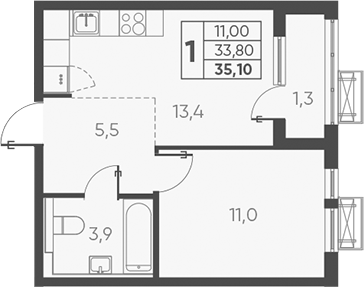 1-комн., 33.8 м², 6/24 этаж, ЖК «Барса»