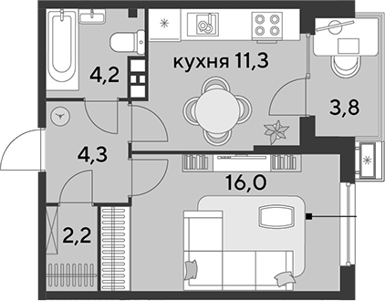 1-комн., 38 м², 9/9 этаж, ЖК «Парк Победы»