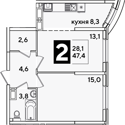 2-комн., 47.4 м², 14/16 этаж, ЖК «Самолет»