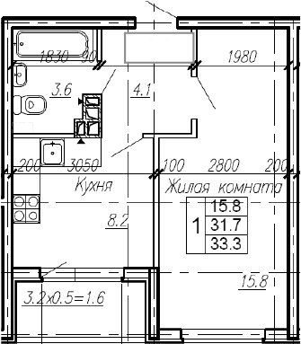 1-комн., 31.7 м², 2/4 этаж, ЖК «Эво»