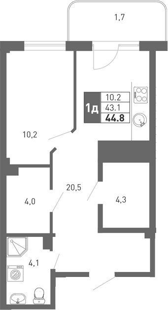 1-комн., 43.1 м², 1/3 этаж, ЖК «Монако»