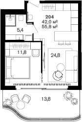 1-комн., 42 м², 2/6 этаж, ЖК «Benefit Sea Breeze Sochi»