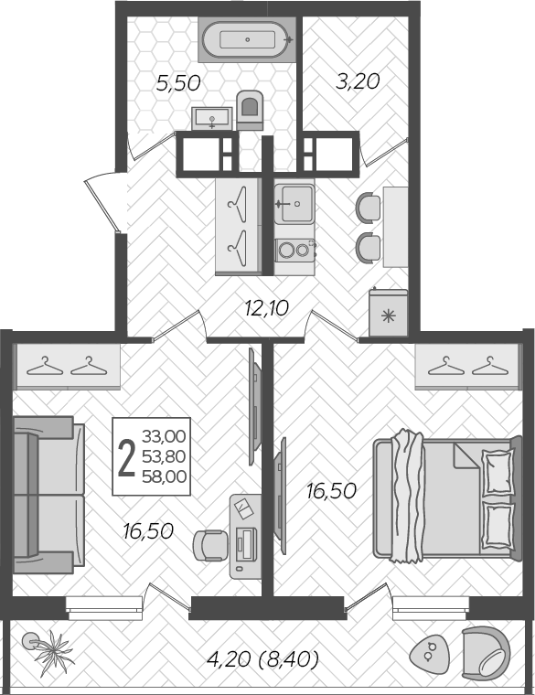 2-комн., 53.8 м², 15/16 этаж, ЖК «Зеленодар»