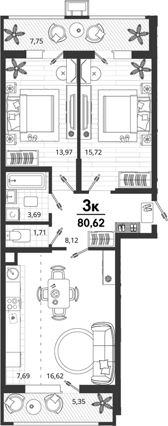 2-комн., 67.52 м², 2/9 этаж, ЖК «Родные Просторы»