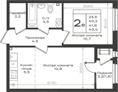 2-комн., 40.2 м², 2/14 этаж, ЖК «Нагория»