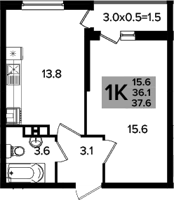 1-комн., 36.1 м², 7/16 этаж, ЖК «Сармат»