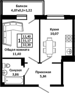1-комн., 31.17 м², 4/4 этаж, ЖК «Южные Соседи»