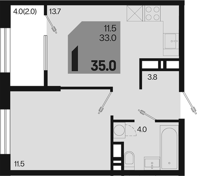 1-комн., 33 м², 13/18 этаж, ЖК «Первое место»
