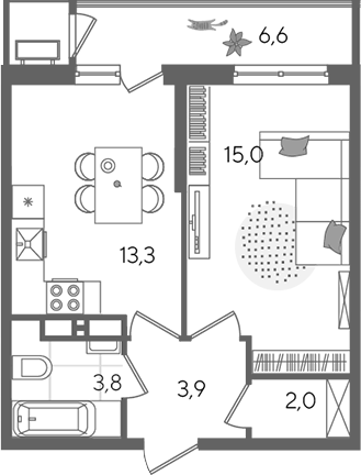 1-комн., 38 м², 24/24 этаж, ЖК «Рекорд»