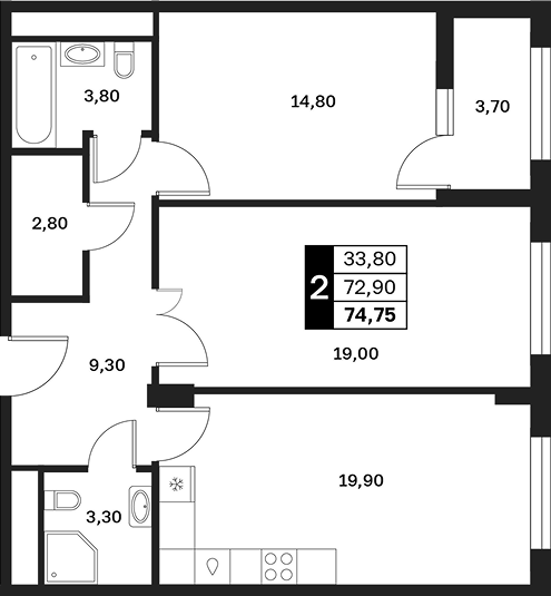 2-комн., 72.9 м², 10/15 этаж, ЖК «Аксис Патриот»