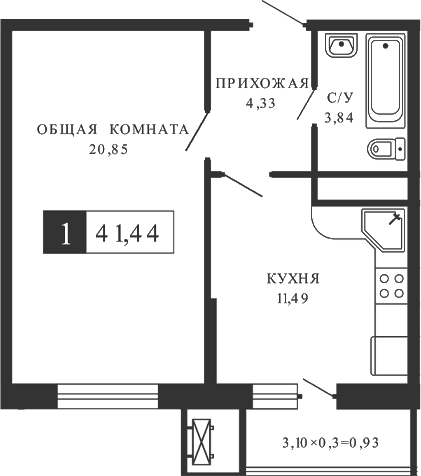 1-комн., 41.03 м², 1/12 этаж, ЖК «Кутузовский. ООО К-5»