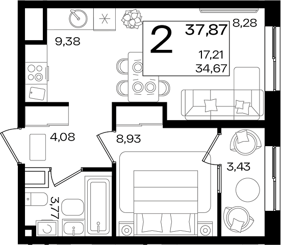 2-комн., 34.76 м², 14/16 этаж, ЖК «Патрики»