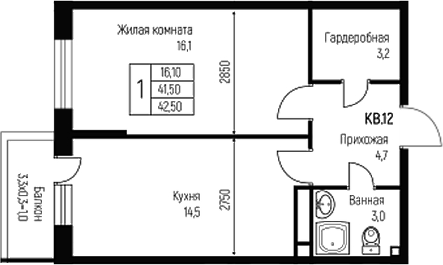 1-комн., 41.5 м², 3/3 этаж, ЖК «Nova Vita»