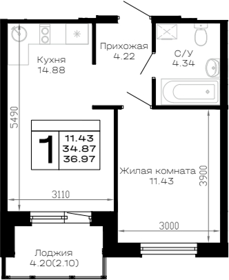 1-комн., 34.87 м², 3/4 этаж, ЖК «Усадьба Гостагаевская»