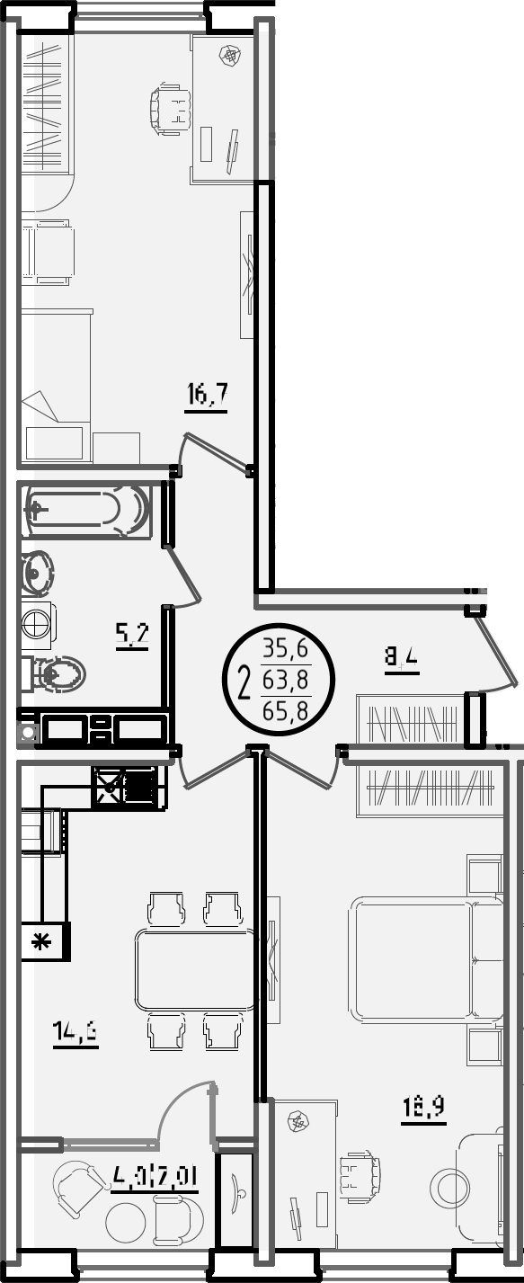 2-комн., 63.8 м², 15/18 этаж, ЖК «Первое место»