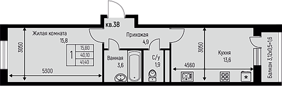 1-комн., 39.8 м², 3/3 этаж, ЖК «Nova Vita»