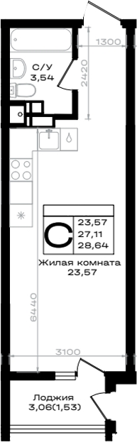 Студия, 27.11 м², 7/9 этаж, ЖК «ЮЖНО»
