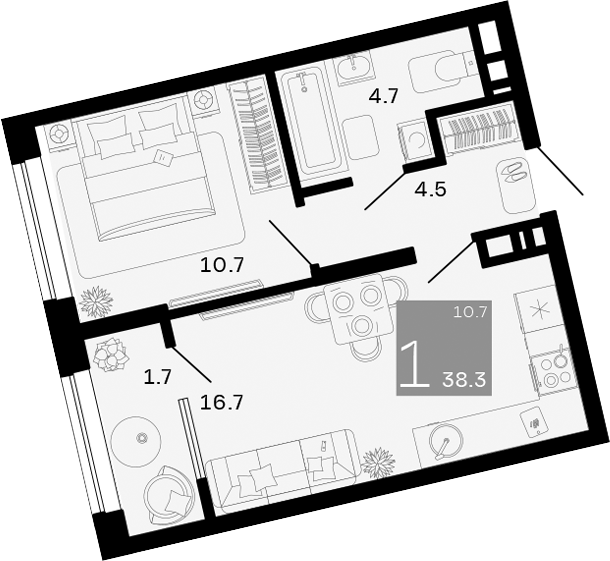 1-комн., 36.6 м², 9/9 этаж, ЖК «Хозяин Морей»