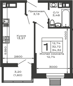1-комн., 32.72 м², 10/14 этаж, ЖК «Долина»