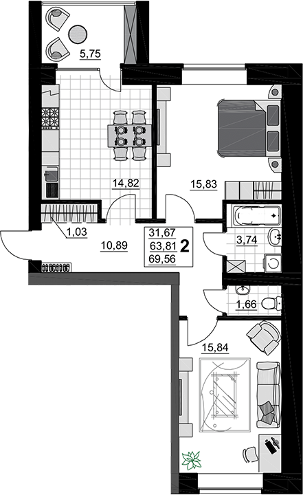 2-комн., 63.81 м², 5/5 этаж, ЖК «Символ. СЗ Тихорецкгазстрой»