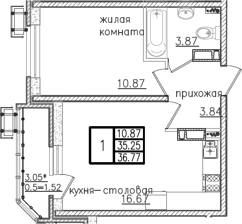 2-комн., 35.25 м², 22/23 этаж, ЖК «Урал»