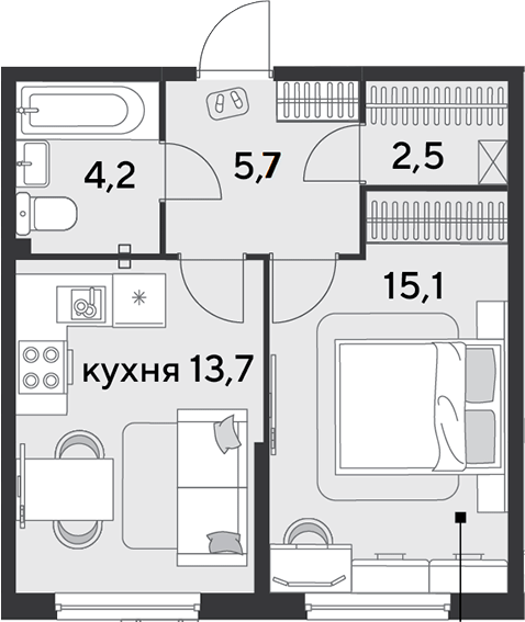 1-комн., 41.2 м², 2/9 этаж, ЖК «Парк Победы»