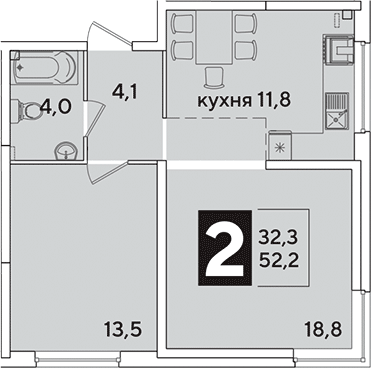 2-комн., 52.2 м², 2/16 этаж, ЖК «Самолет»