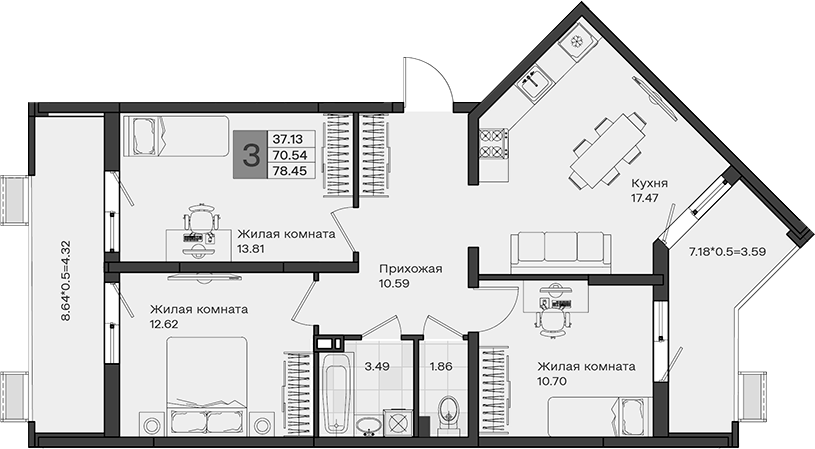 3-комн., 70.54 м², 8/8 этаж, ЖК «МОНО квартал»
