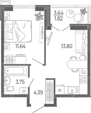 1-комн., 33.58 м², 21/21 этаж, ЖК «Эстет»
