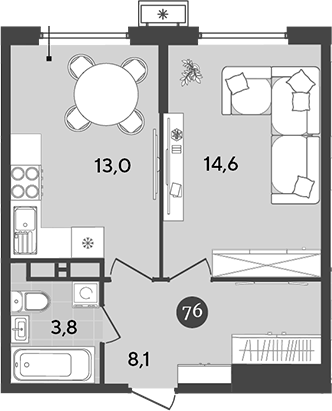 1-комн., 39.5 м², 13/18 этаж, ЖК «Порто-Ново»