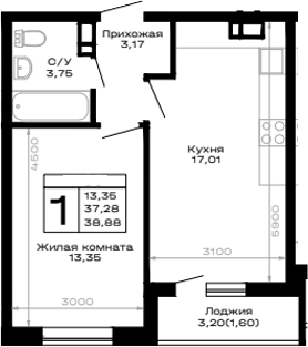 1-комн., 37.28 м², 4/16 этаж, ЖК «Горные высоты»