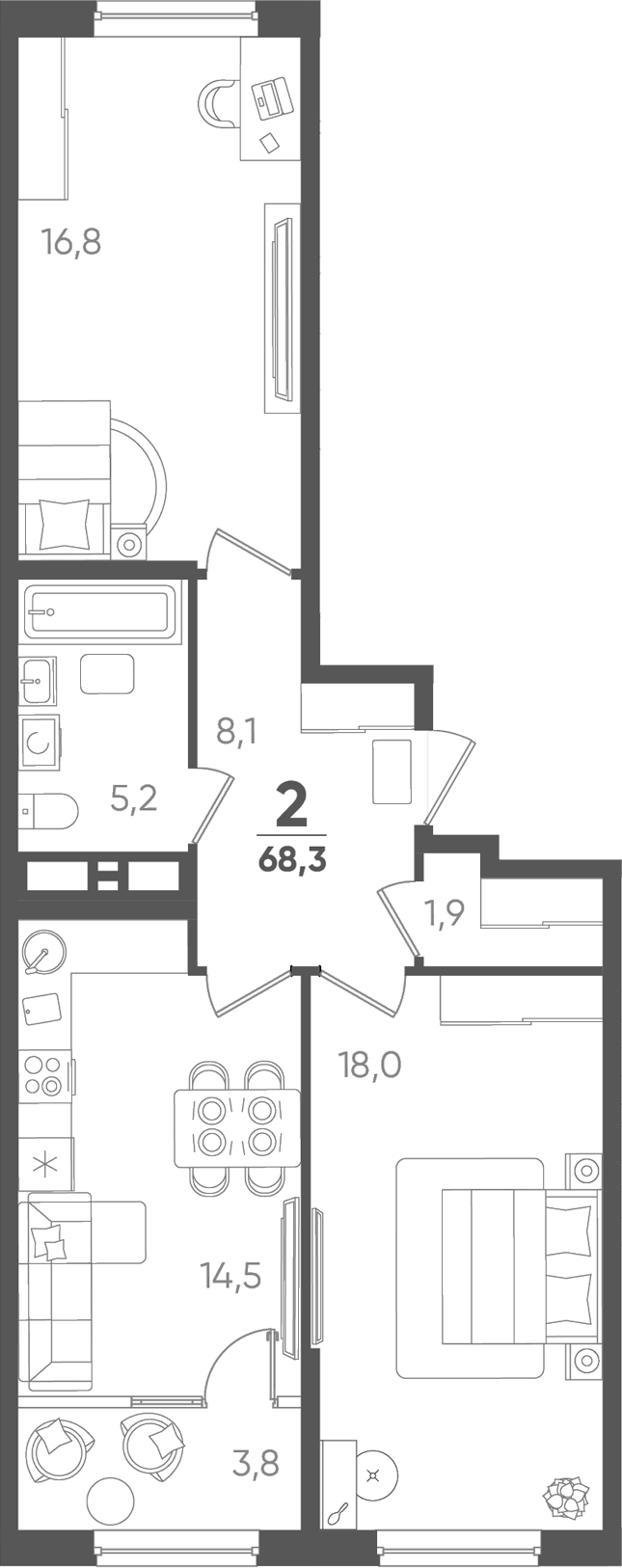 2-комн., 64.5 м², 7/18 этаж, ЖК «Барса»